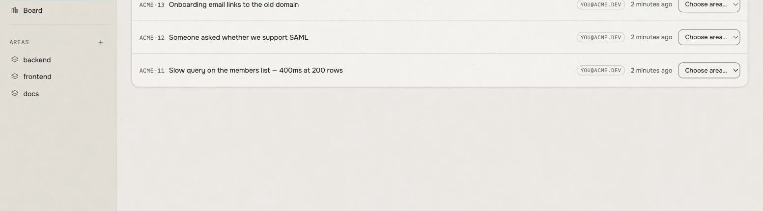 The Inbox: four items with no area set, each with a “Choose area…” dropdown beside it.